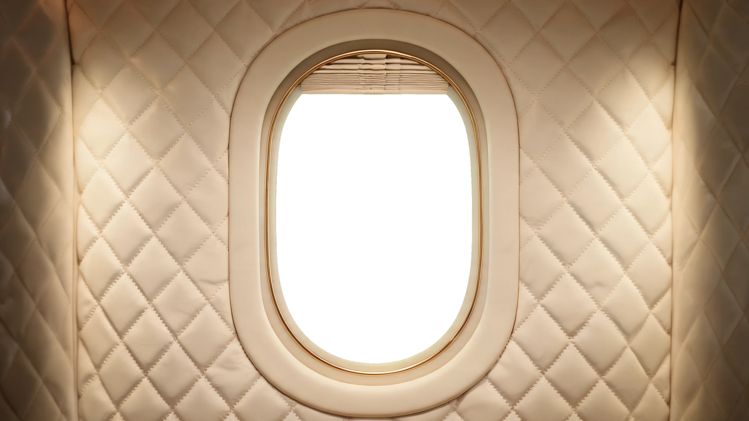 Cabin window of a private jet looking out over the clouds